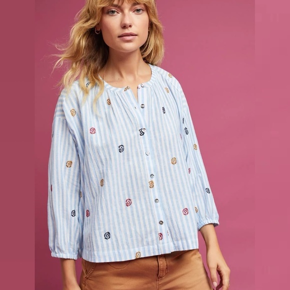Anthropologie Akemi + Kin Blue Adela Embroidered Button Down Top - Picture 2 of 7